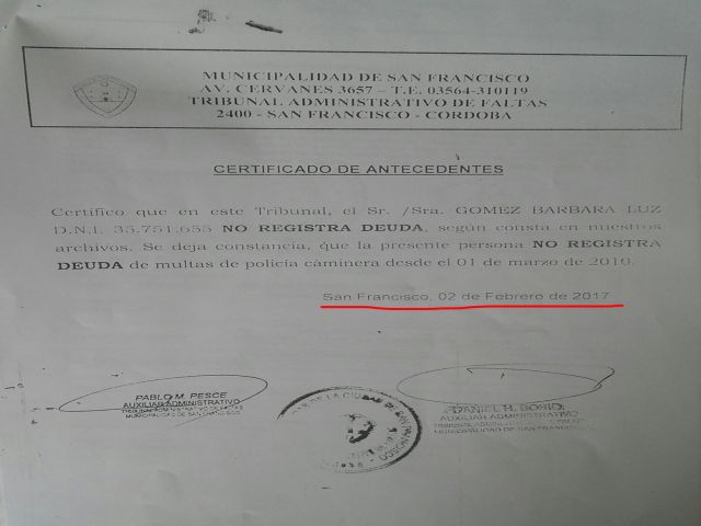 Aclaración por actas de infracciones de tránsito